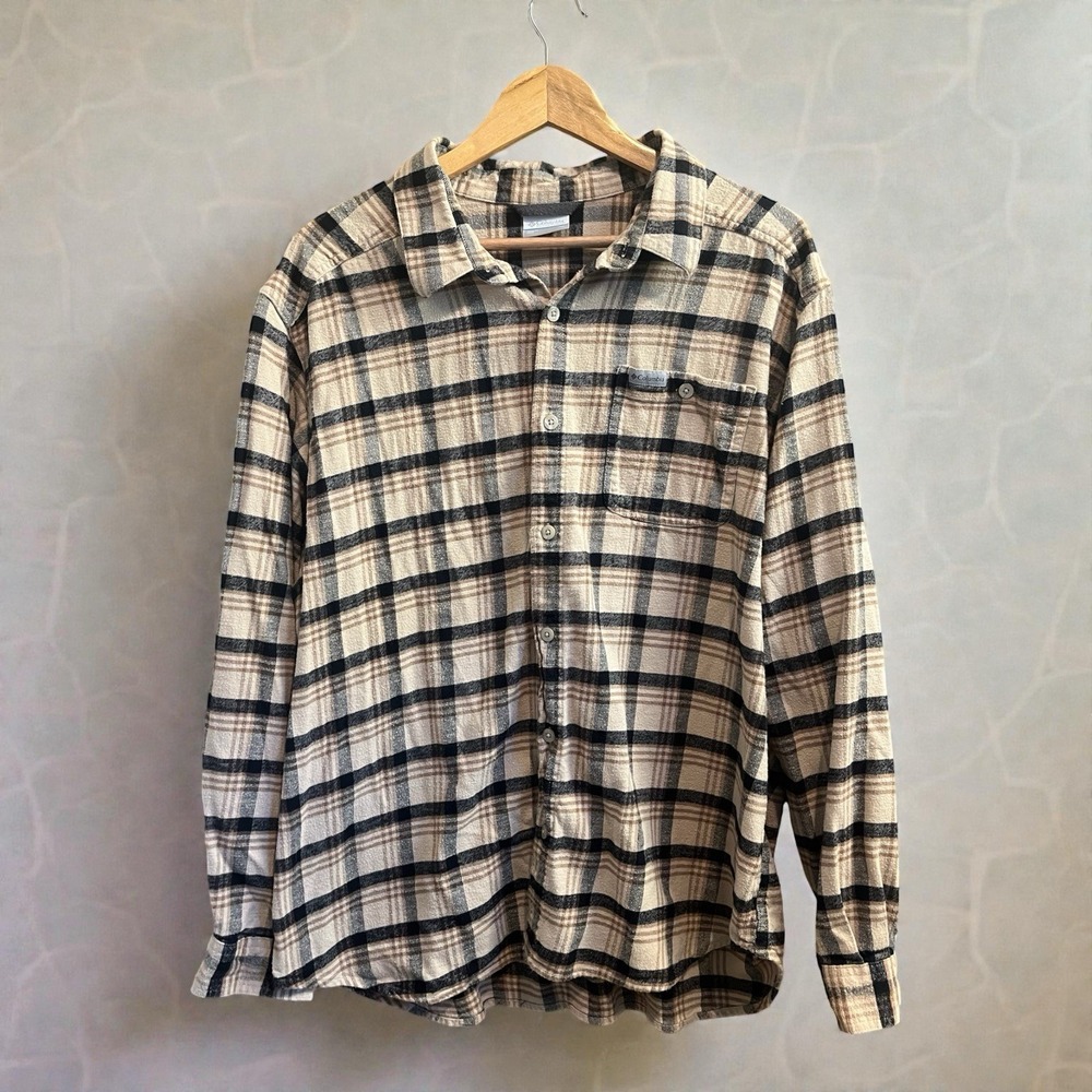 Columbia Shirt Men XL Ash Black Cornell Woods Flannel Check Stretch Cotton Blend